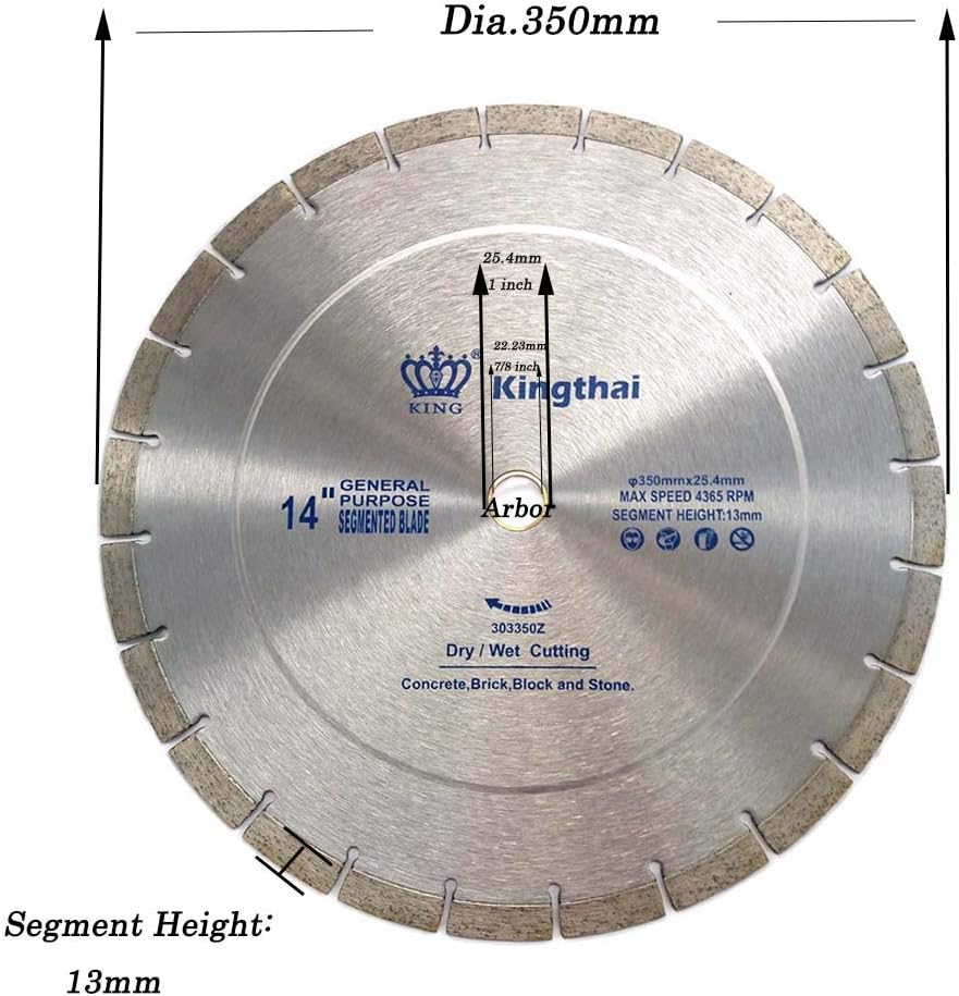 Kingthai 14 inch Concrete Dry or Wet Cutting General Purpose Segmented High Speed Diamond Saw Blades for Stone Brick Masonry with 1" Arbor