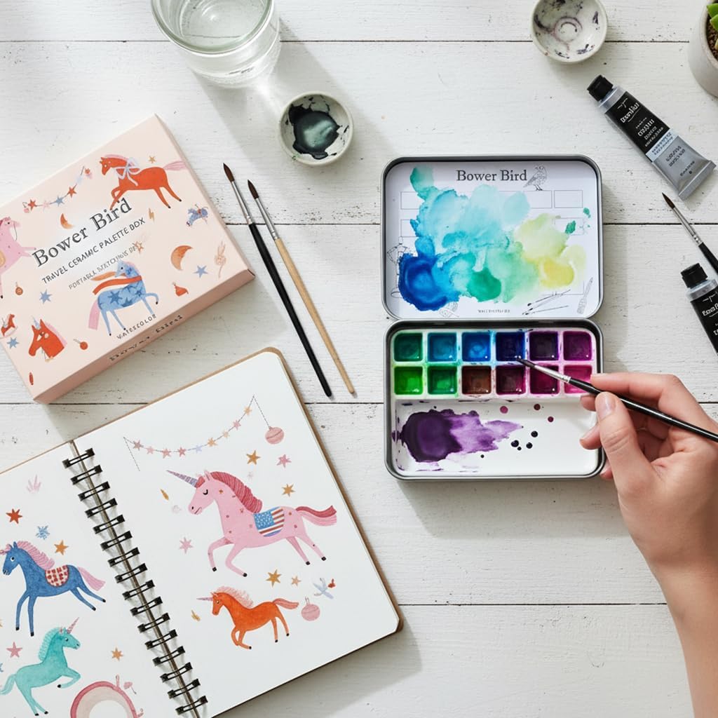 Bower Bird Travel Ceramic Watercolor Palette with Porcelain Mixing Tray, Metal Tin Box, White, 5.3x3.5x0.55 Inches, Portable Art Kit (12Well)