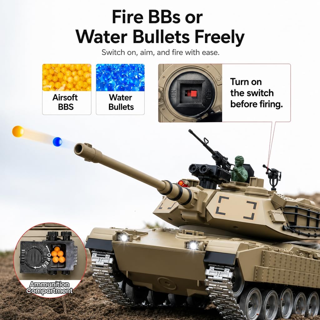 Carro Armato Telecomandato M1A2 1:18 – Cingoli Fumo Suono Luci Tiro Acqua 2.4GHz | Tank RC Giocattolo Militare Regalo Bambino 8 Anni | Kit Completo