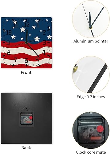Miniatura 2 de 4th of July Wooden Wall Clock Silent Non Ticking, Wave American Flag Star Independence Day Square Wall Clock Battery Operated, Decor Clock for Home
