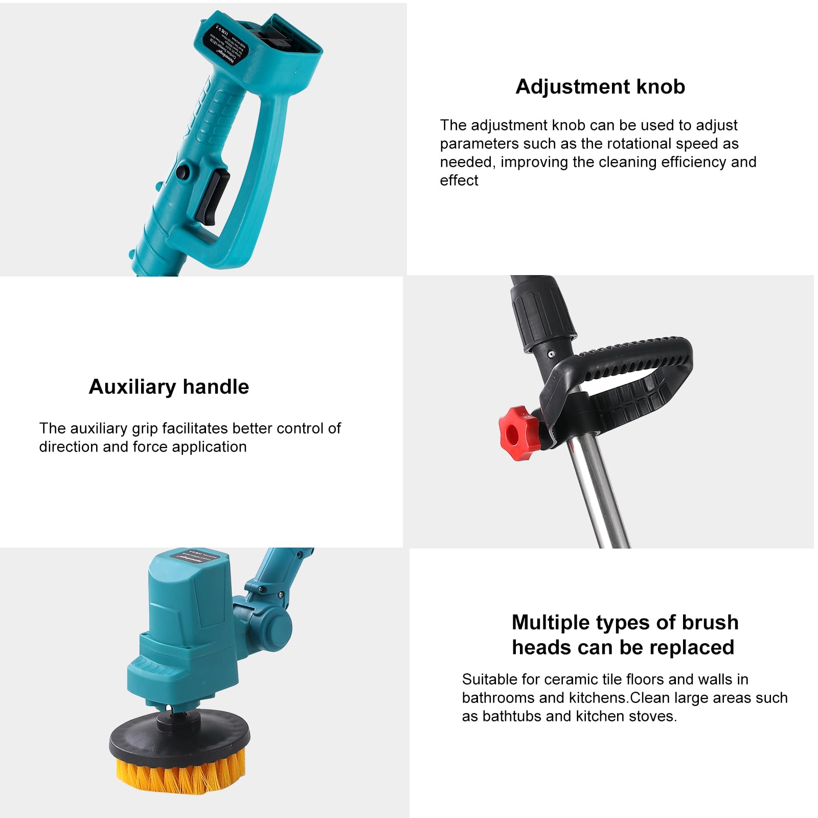 Brosse à récurer électrique extra longue, pliable, compatible avec batterie Makita 18 V (outil uniquement), brosse de nettoyage sans fil rechargeable sans fil, 1800 tr/min pour baignoire/carrelage/sol