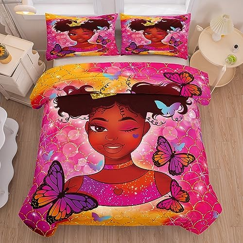 Tailor Shop Kawaii African American Black Girl Comforter Set Pink and Red Bedding Sets for Girls Kids Cute Magic Black Girl Bedding Set Mermaid Butterfly Comforter Twin Size with 1 Pillowcase…
