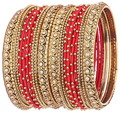 NMII Non-Precious Metal Base Metal With Silk Thread and Zircon Gemstone Studded Worked Or Linked Ball Chain Glossy Finished Bangles Set For Women and Girls,(Red_2.8 Inches), Pack Of 20 Bangles Set