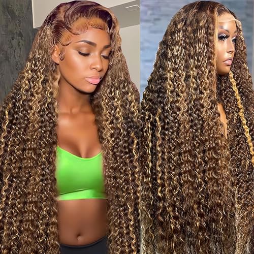 Image of 26 Inch Highlight Ombre Lace Front Wig Human Hair 13x4 Honey Blonde Deep Wave Lace Front Wigs Human Hair Pre Plucked Water Wave Human Hair Wig 180% Density 4 /27 Wet Wavy Curly Glueless Wig for Women