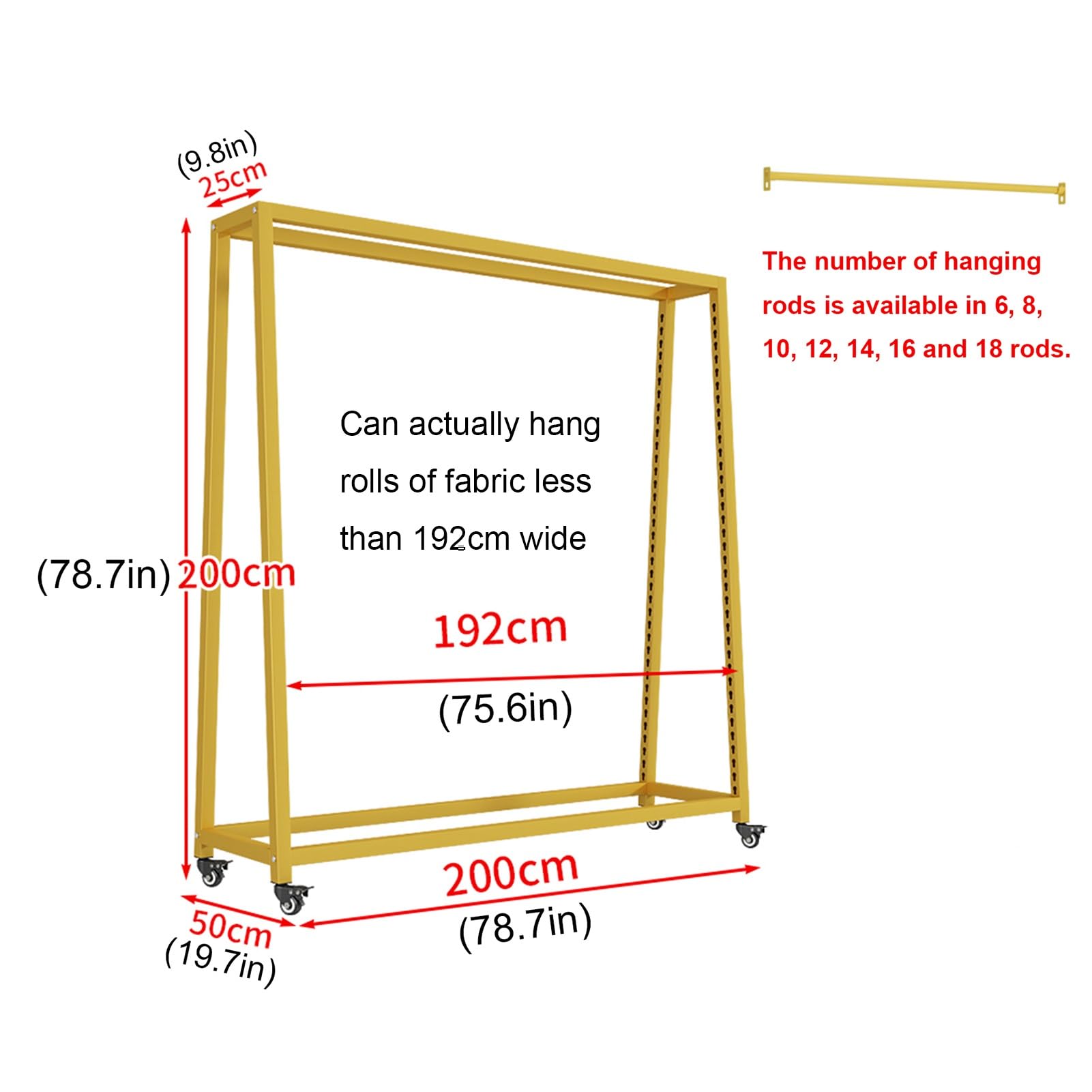 Commercial Fabric Roll Display Rack with Adjustable Hanging Rod & Brakeable Wheels, Movable Heavy Duty Steel Organizer Holder for Vinyl Spool/Leather Roll/Window Film/Wallpaper(10 rods,200x50x200cm)