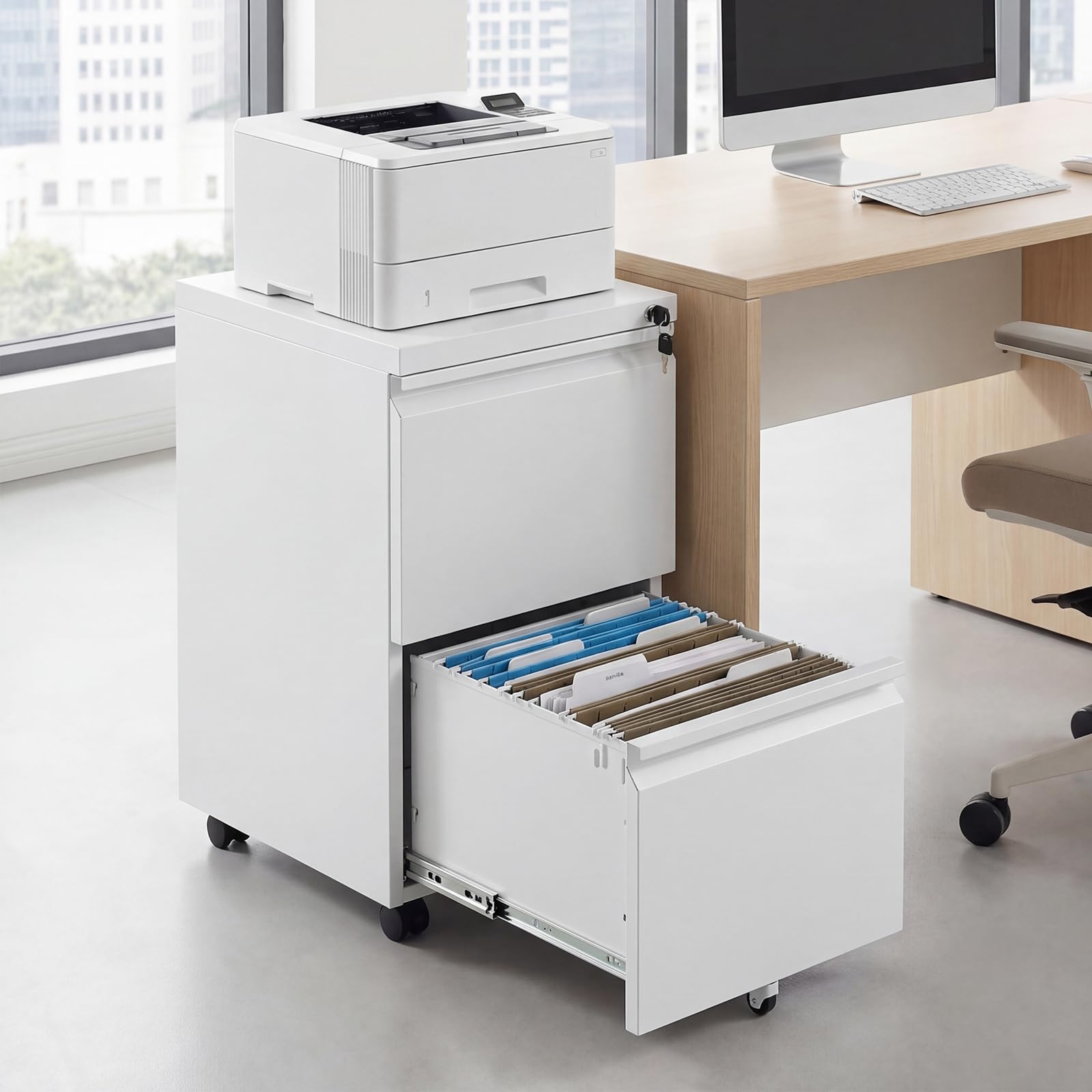 COSTWAY Rollcontainer abschließbar aus Metall, Aktenschrank unter Schreibtisch, Bürocontainer mit 2 Schubladen & Hängeregistratur für Dokumente, Metallschrank mit 5 Rädern, 44 x 37 x 67 cm (Weiß)