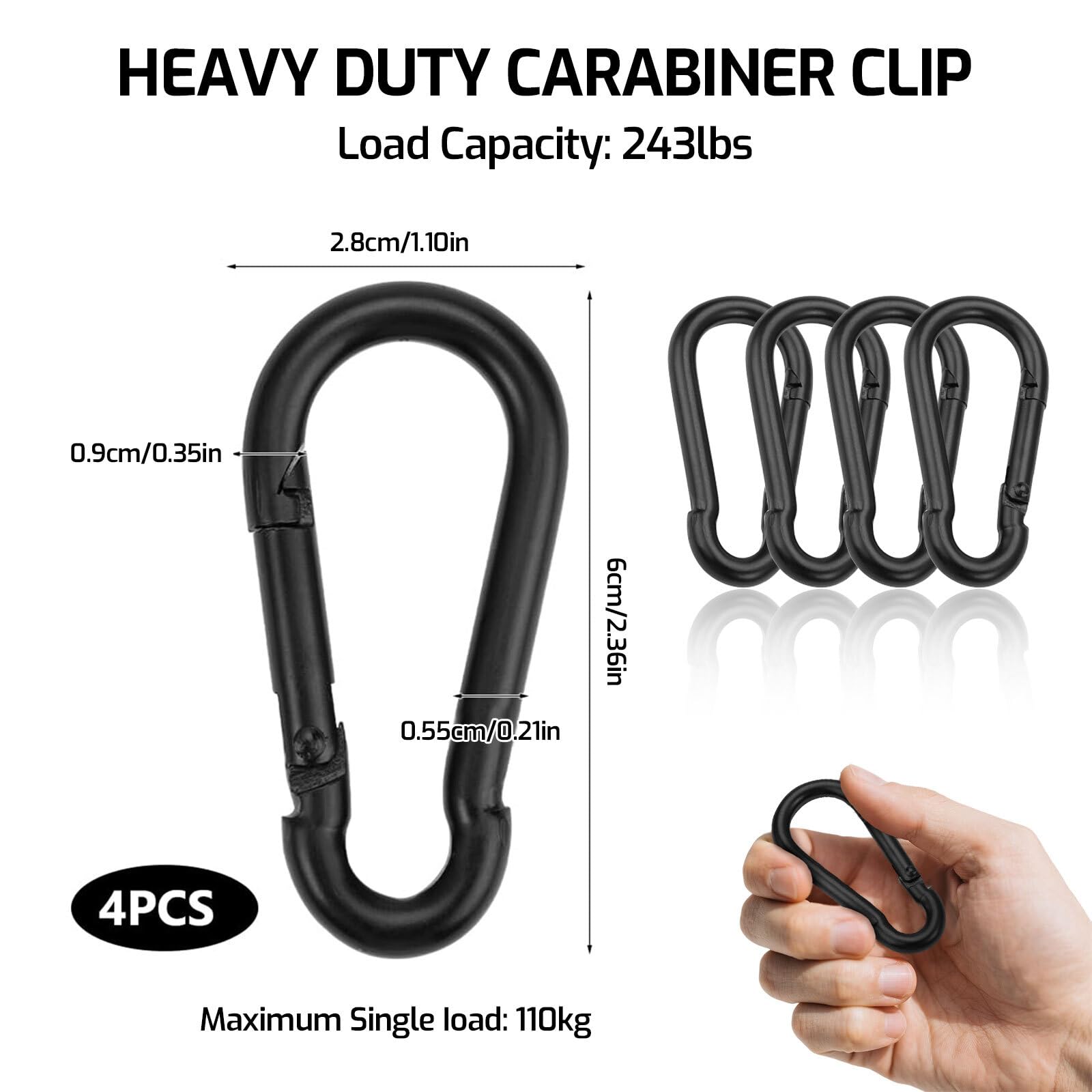 AzureRay 4 Piezas Mosquetones, 60 x 28 mm Mosquetones Pequeños de Hierro, Clips de Seguridad para Viajes, Camping, Hamaca, Senderismo, Pesca y Correa para Perros