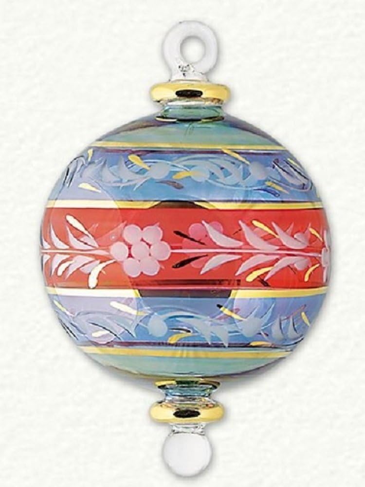Home and Holiday Shops Multicolored Floral Etched Ball Egyptian Glass Christmas Ornament Made in Egypt