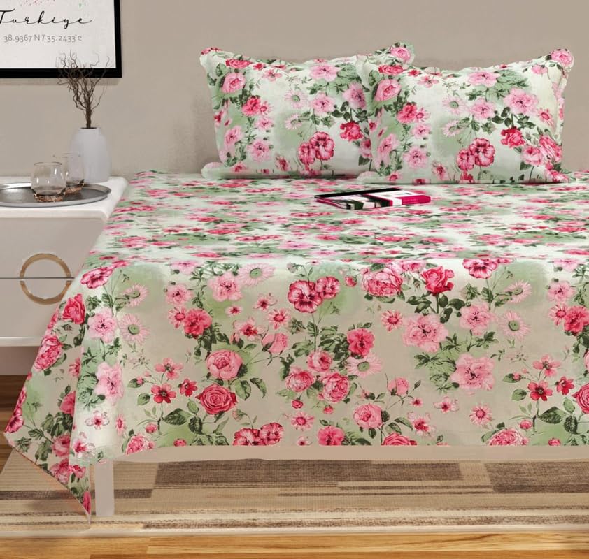 BSB HOME 100% Cotton Feel Bedsheets 200 to 220 tc for Double Bed King Size (90×100 Inch) with 2 Large Size Pillow Covers | Soft & Breathable | Wrinkle-Free | Premium Printed Design – Green and Pink