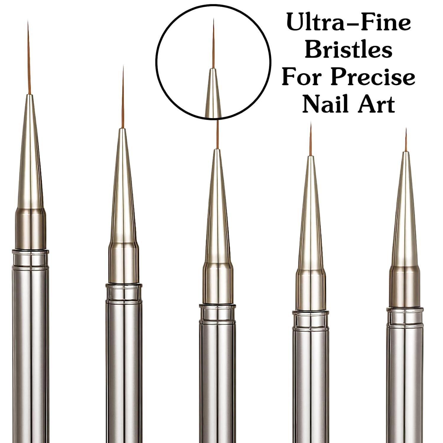 Long Thin Liner Brush For Nails, 5pcs Metallic Design Brushes For Nail Art Skinny Nail Art Brush For Gel Polish Professional Painting Design Pen With Durable Metal Handles For Long Lines