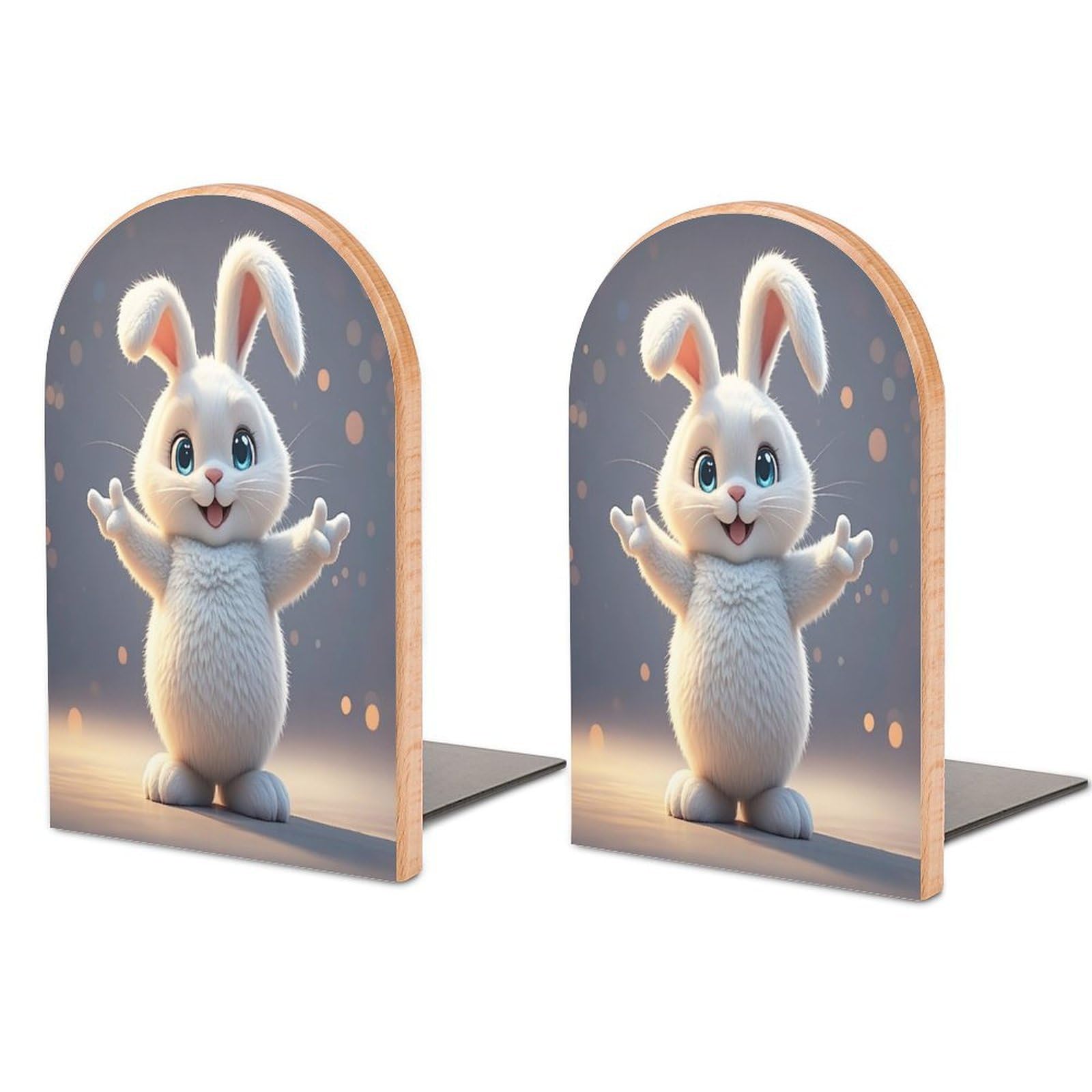 Hug Bunny Bookend for Shelves Wooden Book End Sturdy Book Holders Stoppers with Metal Base for Bookshelves Slick Decorative Bookends Stands