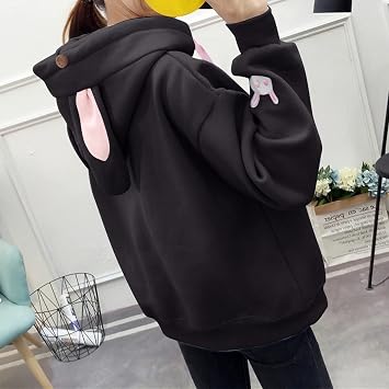 Women Cute Hoodies Aesthetic Rabbit Ears Top Hoodie Long Sleeve Blouse Loose Sweatshirt Animal Hoodie Black-06#, M