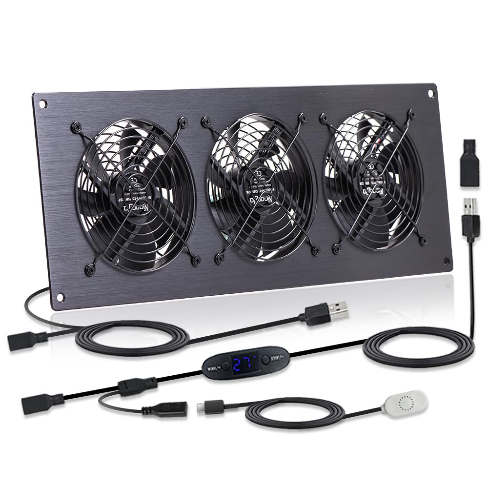 xiaoqijia Three 120mm Temperature Controlled USB/DC 18-Inch Cooling Fan | 5V/12V Dual Voltage, 10-Speed Adjustable, for AV Cabinets, Server Racks, Greenhouses, RVs & Pet Enclosures (2 Fan)