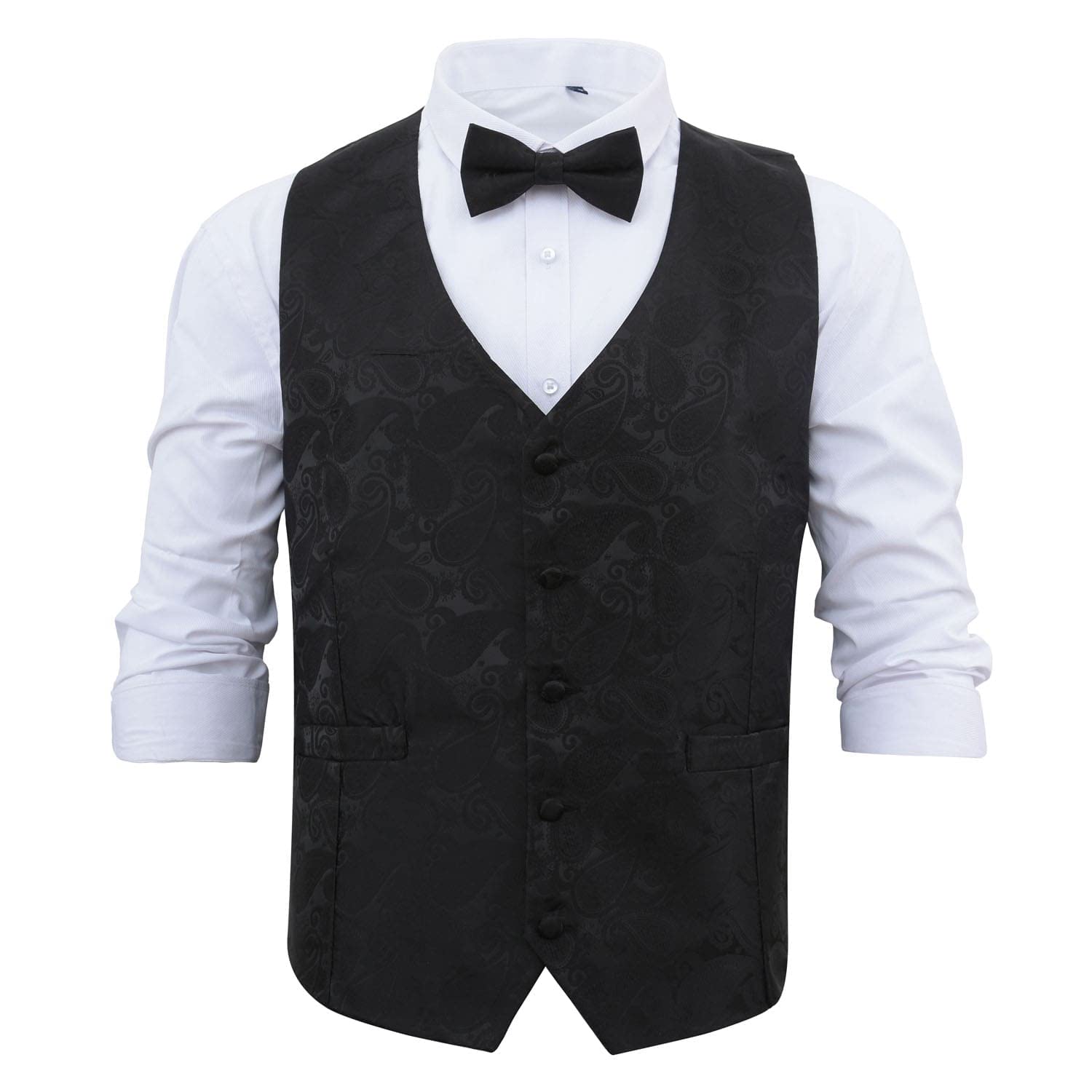 Dqt Men's Black Paisley Bohemian Wedding Waistcoat & Bow Tie Set – Formal Suit Groom Best Man – – 3XL (46")