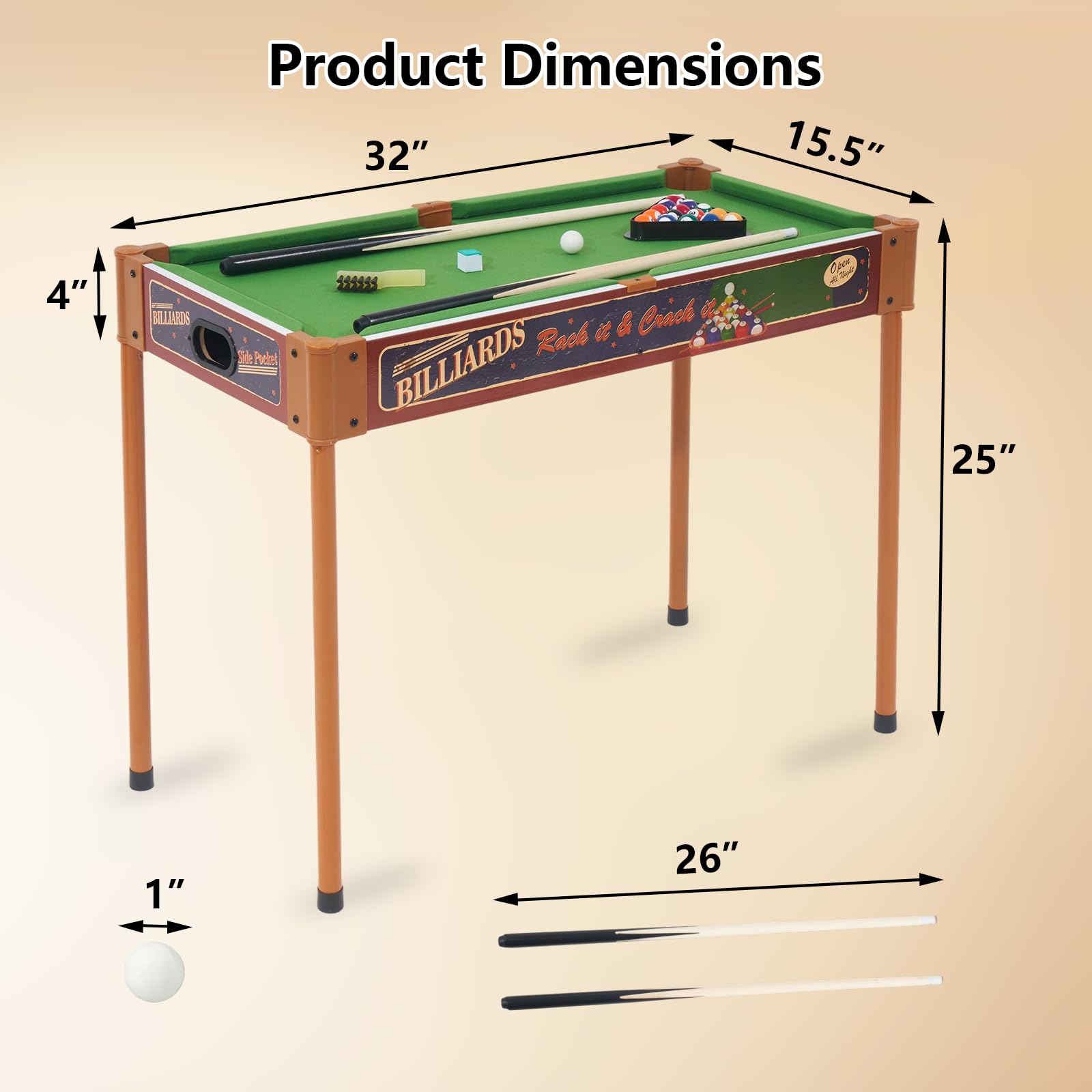 RAYKEEP Mini table de billard 2 en 1 de 81,3 cm avec pieds amovibles pour enfants et adultes, ensemble de jeu portable avec queues et balles pour salon, salle de jeux