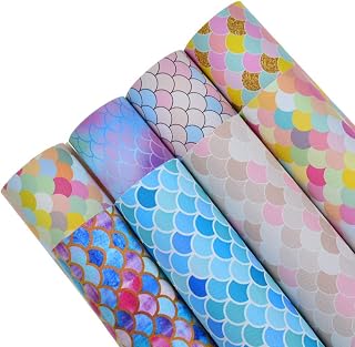 8 Pieces 8x12 Inch(21x30cm) Mermaid Scale Pattern Printed Faux Leather Fabric Sheets Cotton Back for Leather Bows and Earrings Making, Each Pattern One Sheet, in Total 8 Sheets