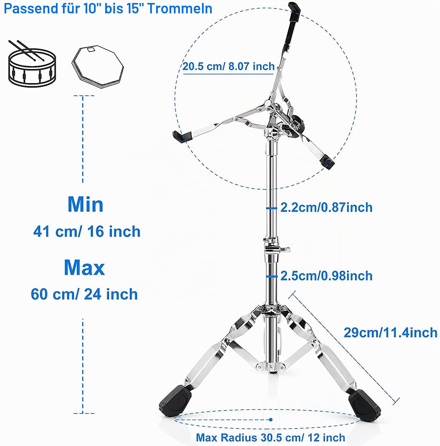 Vangoa Snare-Ständer, Snare Stand, Höhe Einstellbar 46 65cm,Handpan ständer mit TragetascheBreite,Stufenlose höhen neigungsverstellung,Doppelstrebig Stativ, Gummifüße