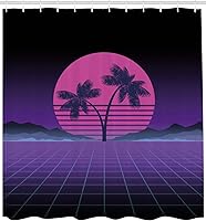 Vista 2 de Ambesonne Synthwave Shower Curtain, Retro Artwork Design of Striped Pinkish Moon Exotic Palms and Mountains, Cloth Fabric Bathroom Decor Set with