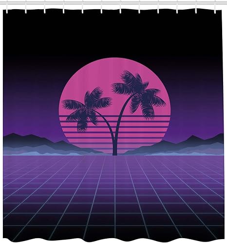 Miniatura 2 de Ambesonne Synthwave Shower Curtain, Retro Artwork Design of Striped Pinkish Moon Exotic Palms and Mountains, Cloth Fabric Bathroom Decor Set with