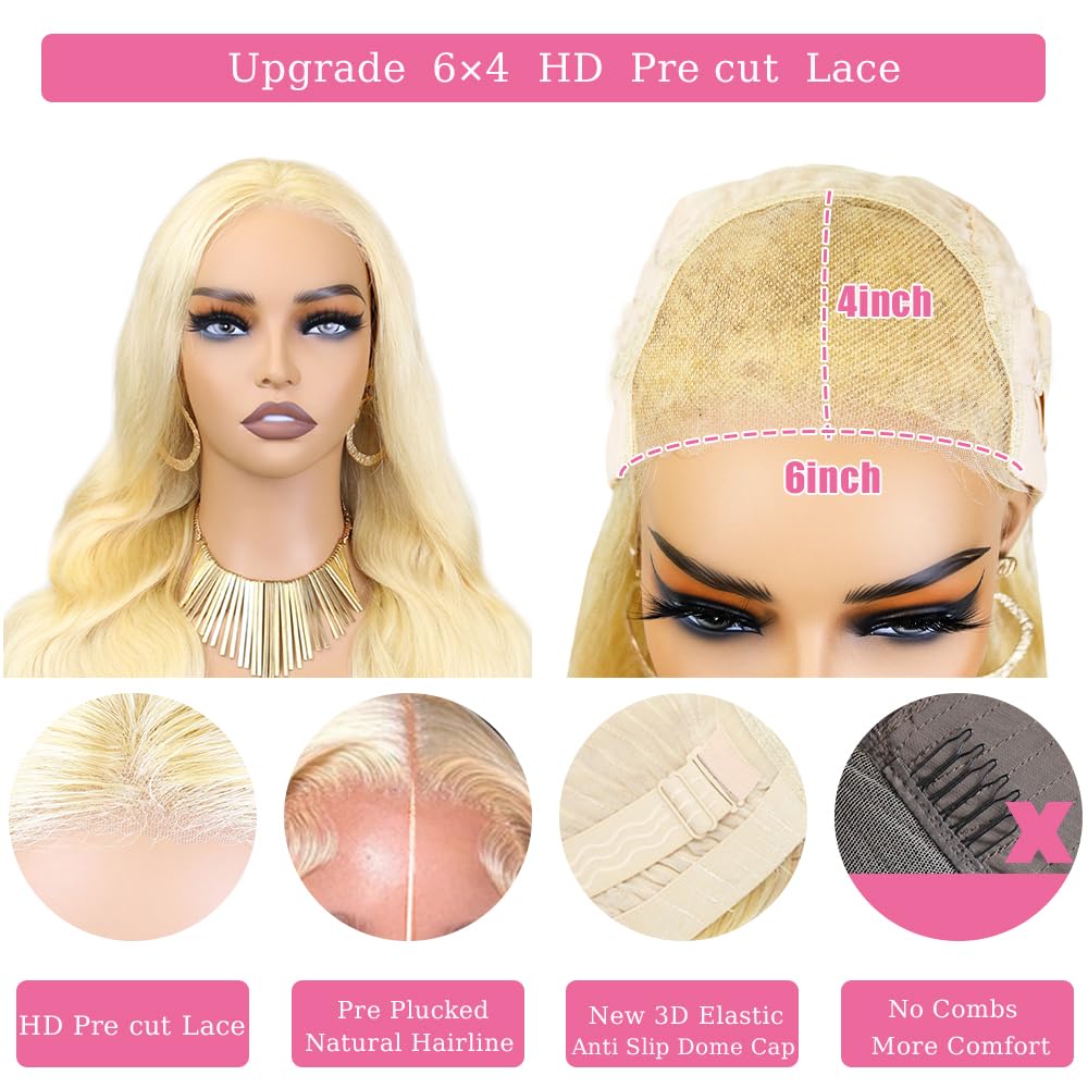 Closure Wig Glueless Wigs Pre Plucked & Cut 180% Density Wear & Go Glueless Wig 6x4 HD Body Wave Lace Front Wig 18 Inch