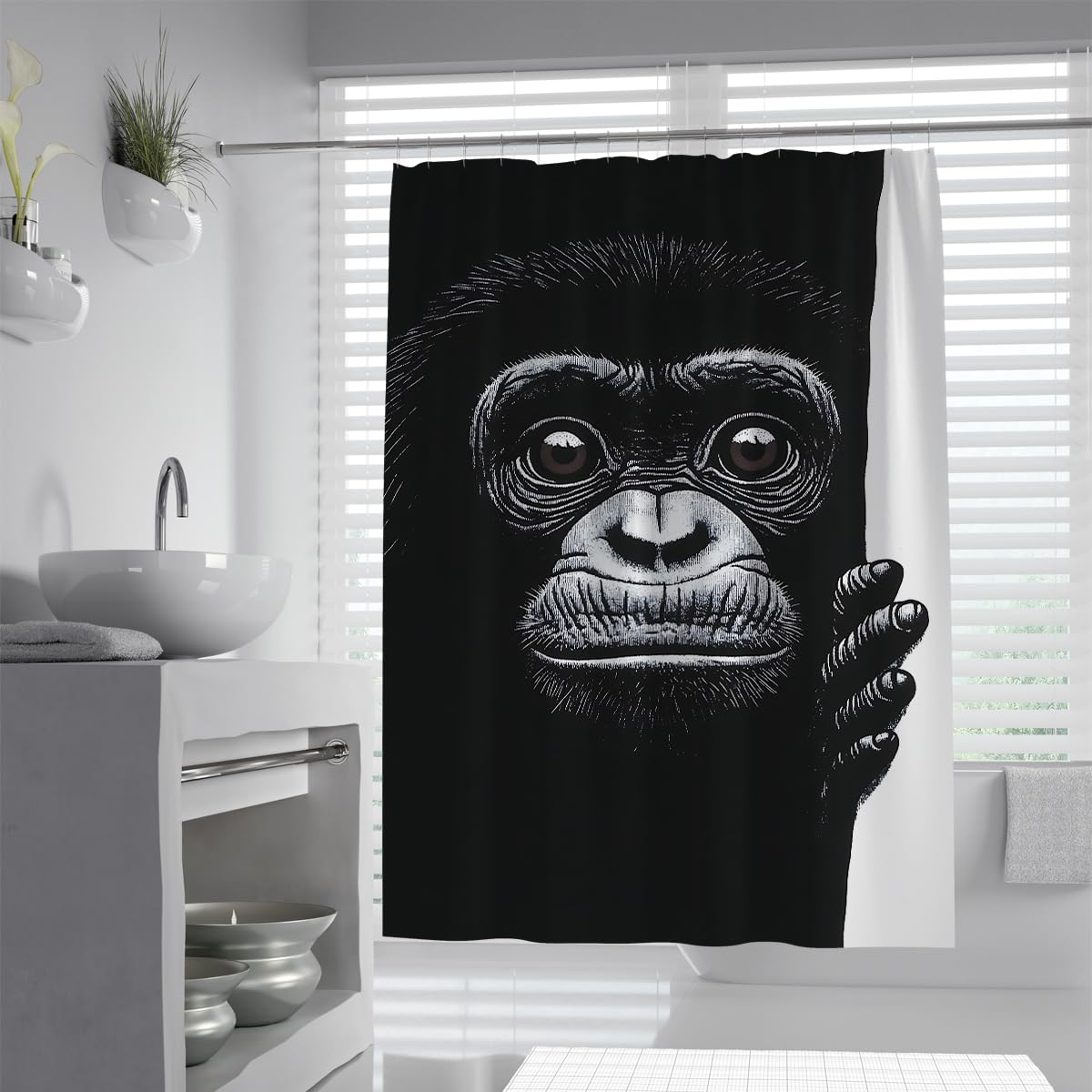 UIRINGART Funny Monkey Bathroom Screen W120xL180cm Waterproof Mildew Resistant Black White Ape Peeking Design Fabric Shower Curtain Rustproof Grommets Tub Liners Spa Gym