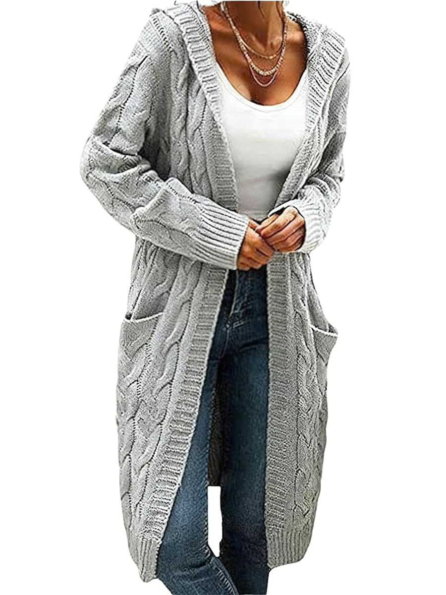 ebossy Womens Long Hooded Cardigan Open Front Ribbed Twist Baggy Loose Cable Knit Sweater with Pockets