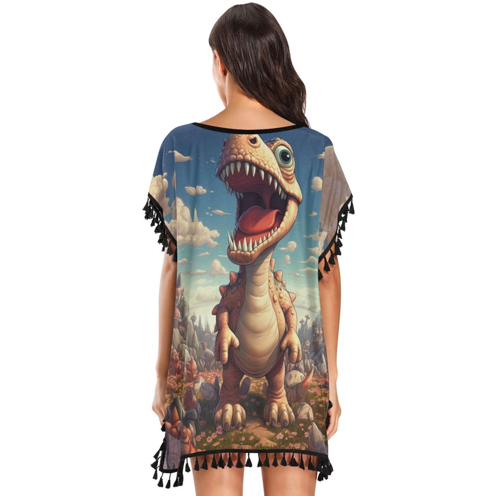 KAAVIYO Cartoon Happy Dinosaur Women's Beach Cover Up Chiffon Tassel Swimwear Swimsuit Coverups for Girl