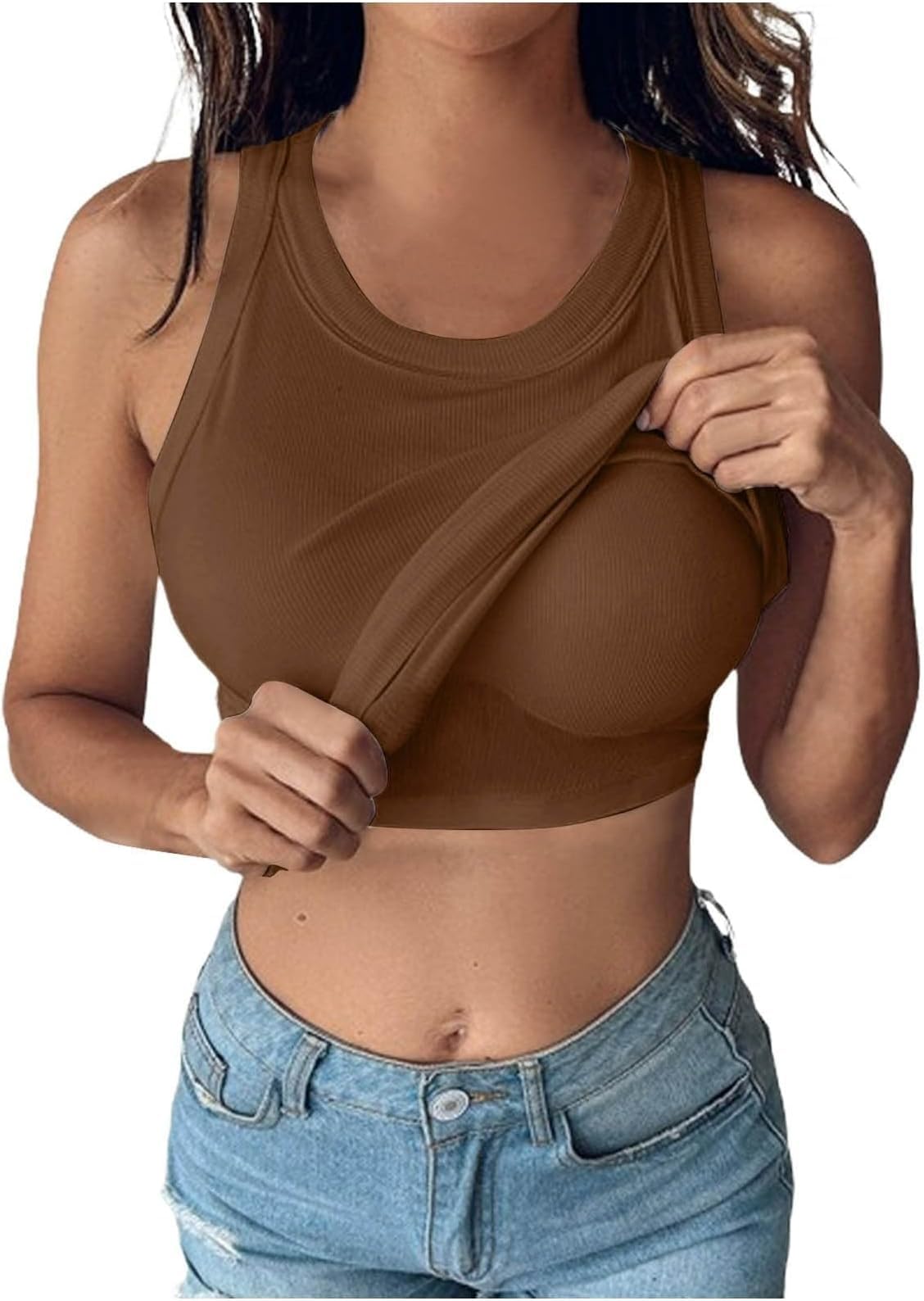 BUNSLOOM Damen Tank Top Eingebauter BH Ärmellos Ribbed Racerback Fitted Casual Shirts
