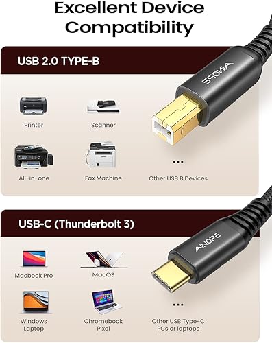 Miniatura 7 de AINOPE Cable de impresora USB C de 6.6 pies, negro, trenzado de nailon, para Yamaha, piano digital Casio, teclado, hp, hermano, impresoras Canon