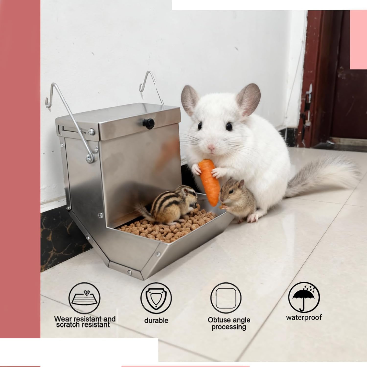 Distributore automatico in acciaio inox 304 per gabbia animali domestici a gravità per conigli, uccelli, cincillà, furetti e altri piccoli animali (L-2PCS)