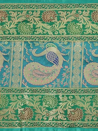 Image of Banarasi Brocade Zari Silk Table Runner Dinning & Centre Table Runner 177 By 30 CM (Green, Peacock)