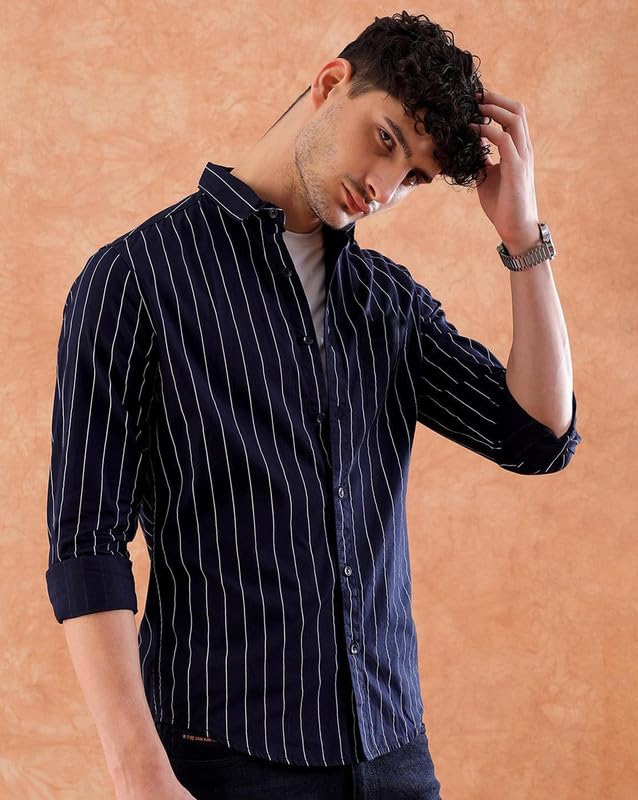 Image of Men's Cotton Casual /Semi Formal Stylish Striped Shirt for Men Navyblue