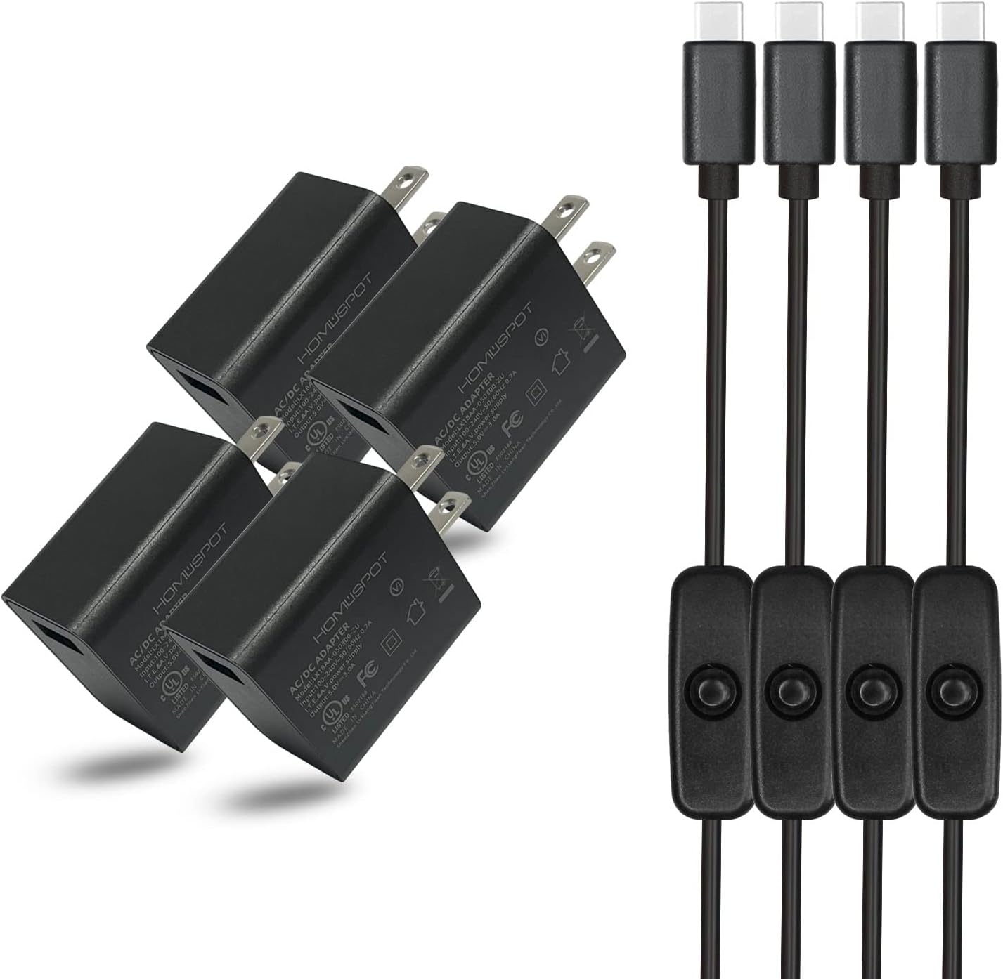 5V3A Switching Power Supply UL-Listed 4 Pack with 1.5M Type C to Type A USB Cable with On/Off Switch Compatible with Raspberry Pi 4 Model B