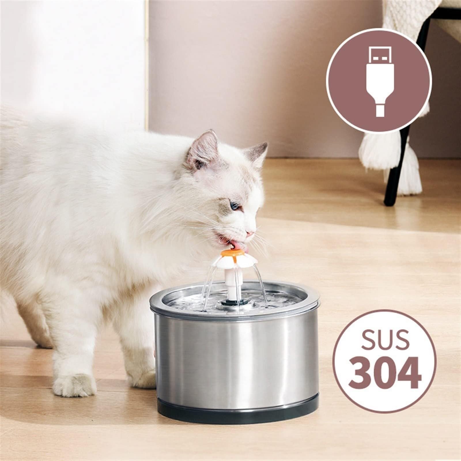 304 Stainless Steel Pet Water Fountain, Automatic Cat Water Dispenser with Silent Pump & Filtration - image 3