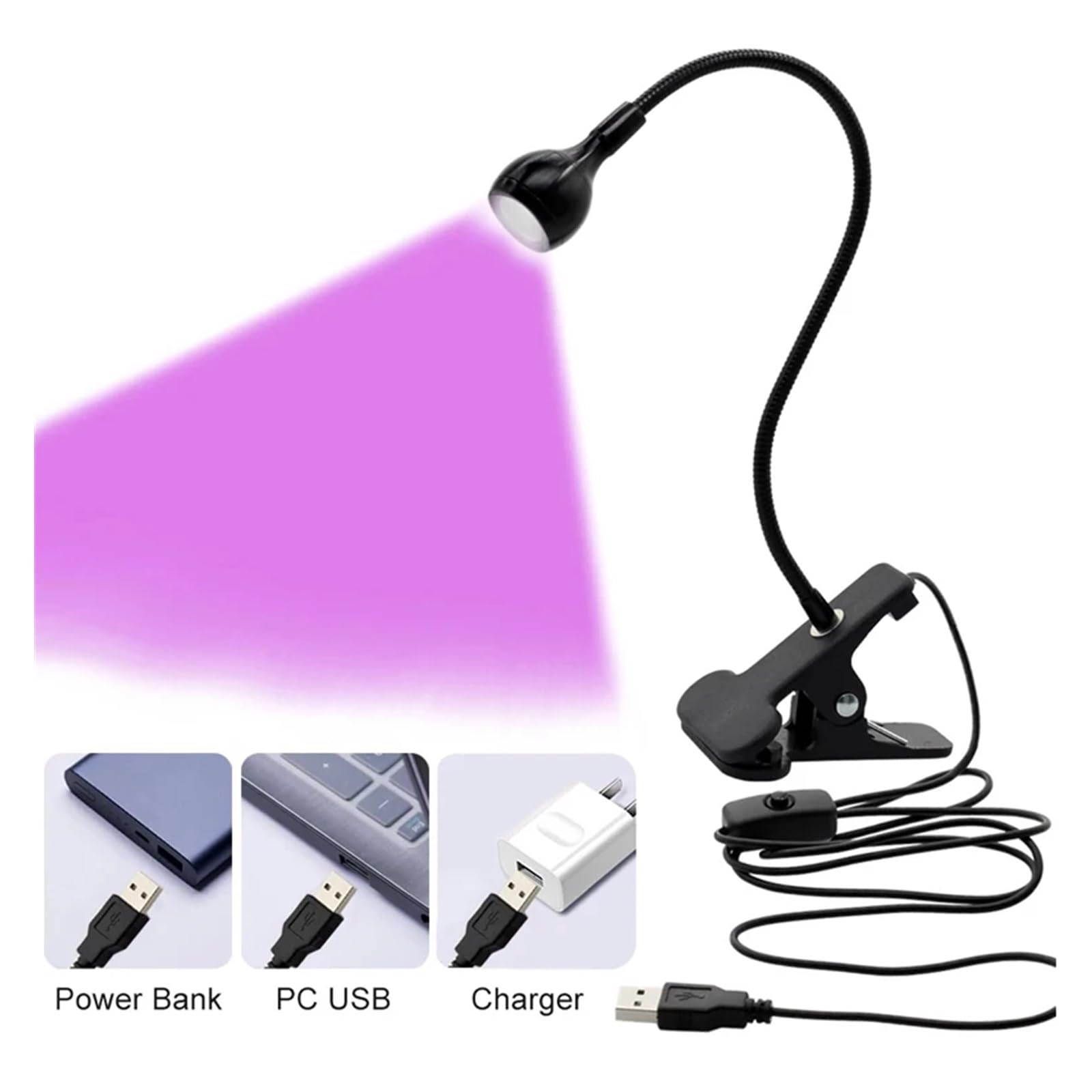 FAXIOAWA Lampada polimerizzante per Gel UV, Luce LED UV da 395 NM con Morsetto a Collo di Cigno USB 3W Luce Nera UV per polimerizzazione UV Blacklight Poster Gel per Unghie Vernice Fluorescente
