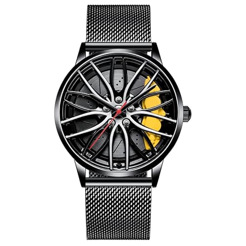 OSOLVE Bracciale in pelle in acciaio inossidabile Sport Car Orologi da uomo al quarzo impermeabile Sport Rim Hub Wheel Orologio da polso al quarzo da uomo orologi per uomo, Bmw-m4-giallo-w, Bracciale