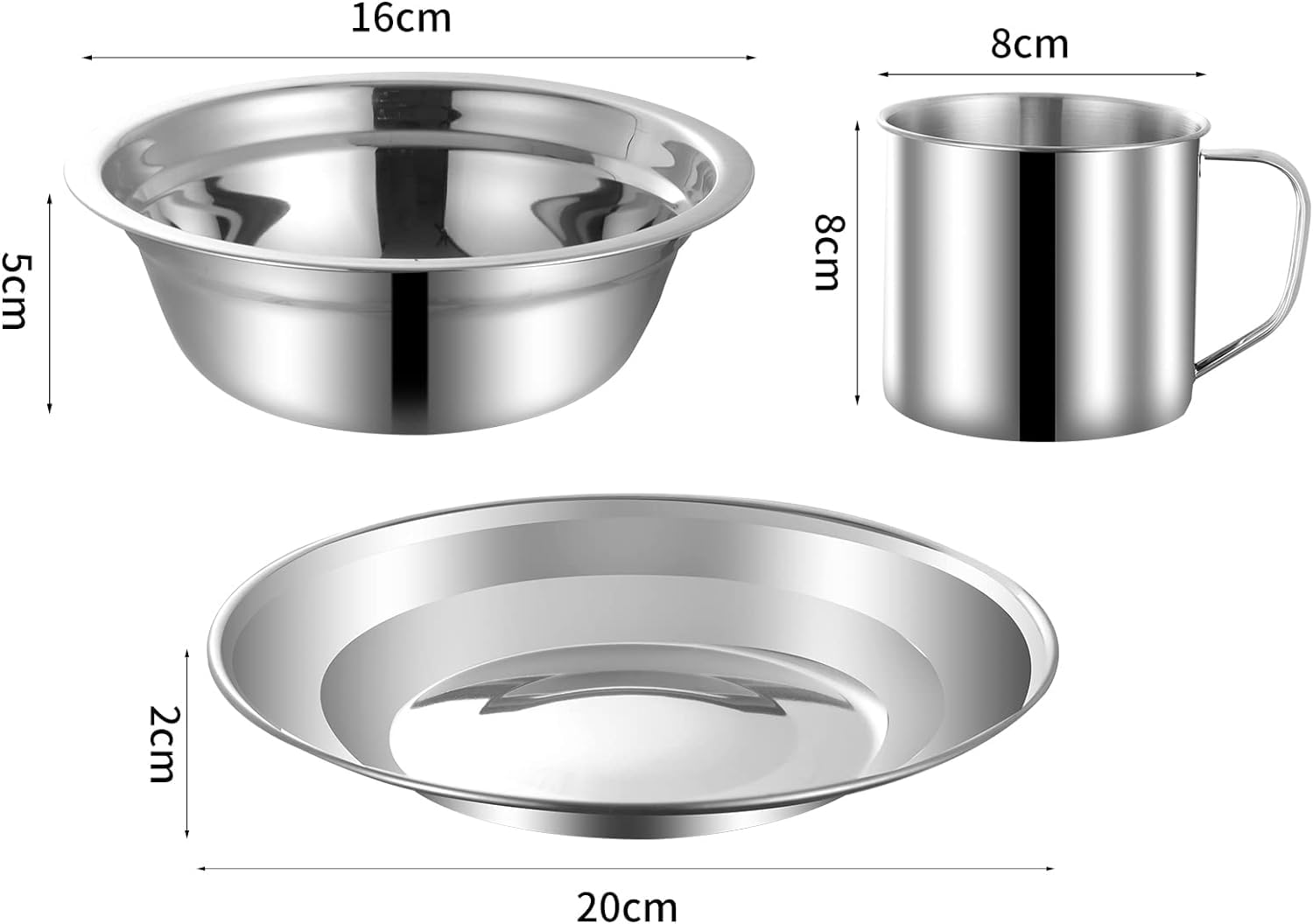 Ensemble de couverts de camping en acier inoxydable comprenant assiette, bol, cuillère, fourchette, couteau dans des poches en maille pour le camping et les randonnées