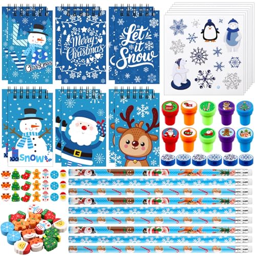 SevenMye 158-teil Weihnachten Schreibwaren Set mit Weihnachten Notizbüchern Bleistiften Radiergummis Aufklebern und Stempeln Mitarbeitergeschenke, Geschenke für Kollegen
