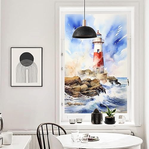 Miniatura 6 de Lámina abstracta retro de acuarela para ventana de vidrio con diseño de faro, diseño náutico, para privacidad en el océano, no adhesiva, para baño