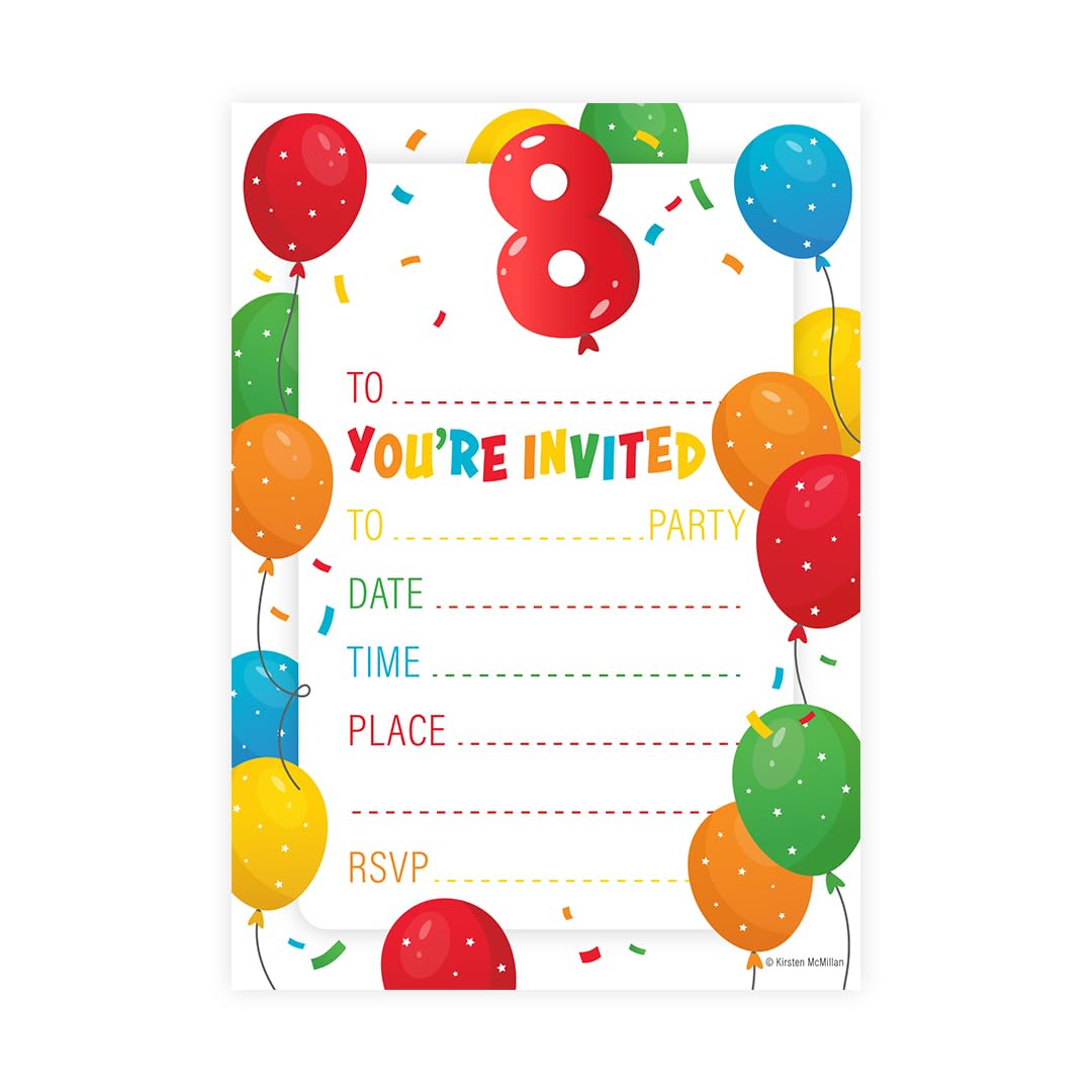32 Kids Childrens Birthday Party Invitations Age 8 with Envelopes Invitation Orange Pack of 32 Balloon Invites - Designed and Printed in the UK