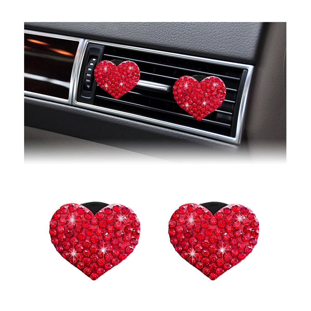 2 PCS Bling Car Air Vent Clip, Cute Heart Shaped Crystal Air Conditioning Outlet Clip, Air Fresheners Diffuser Clip Charm, Interior Decor Car Accessories For Women Girl (Red)