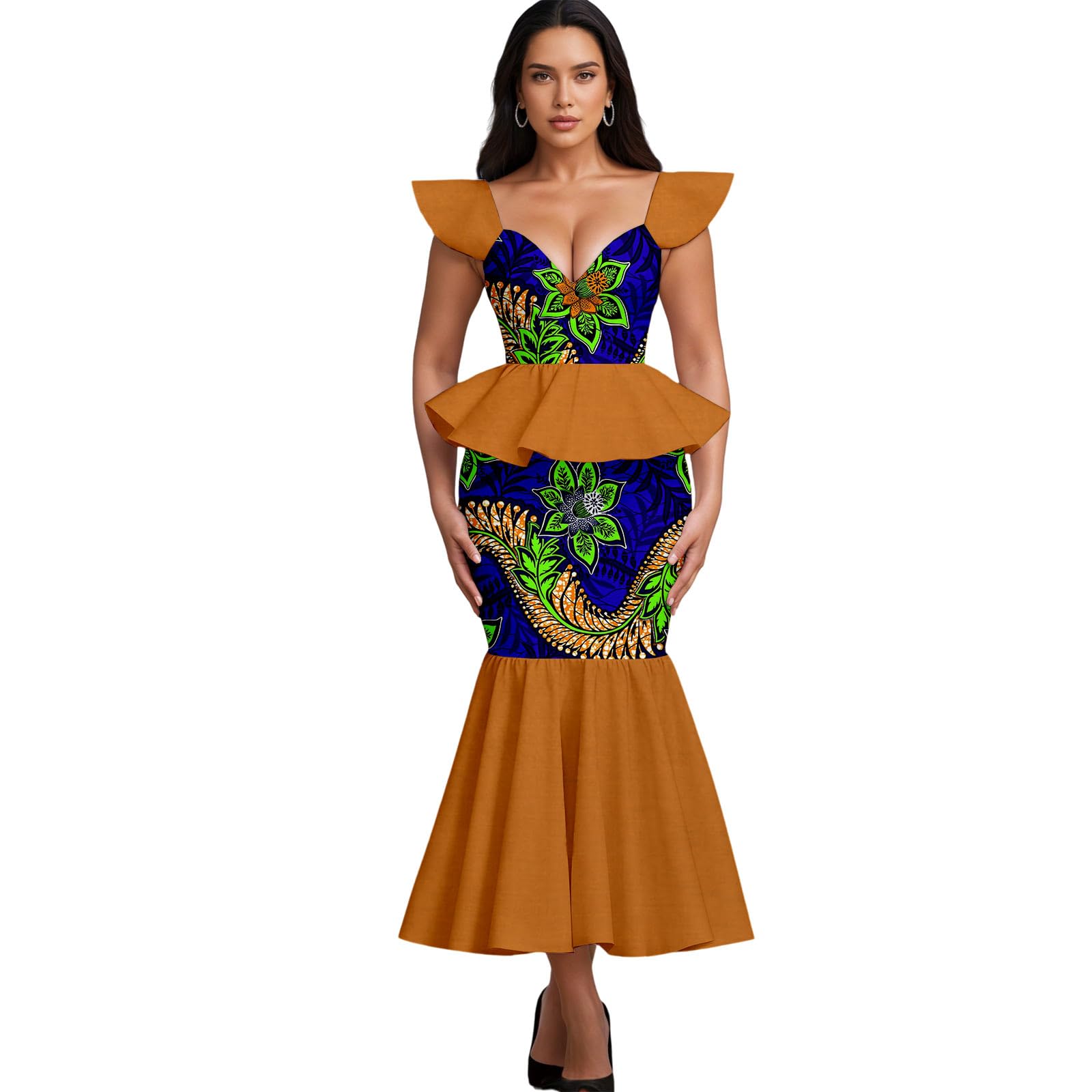Robe pour Femme de Style Africain, avec Une Jupe à Volants et Un col en V Qui met en Valeur Votre Charme et Votre sensualité