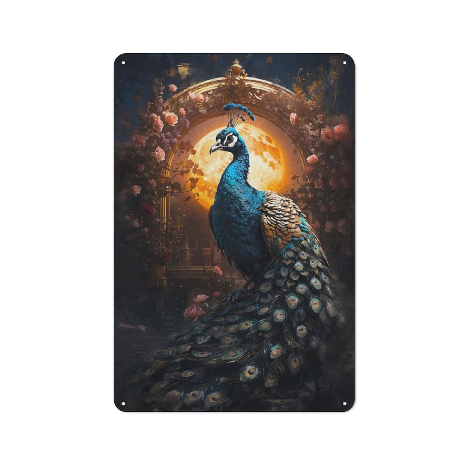 Junmoney A Peacock In Moonlight Rustic Tin Sign 30X20cm For Living Room Or Hallway, A Metal Wall Feature For Living Rooms And Hallways