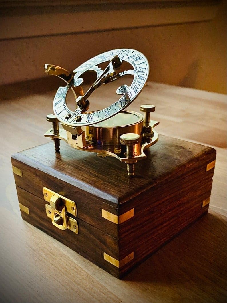 Vintage Brass Sundial Compass with Wooden Storage Box, Maritime Navigation Tool, Decorative Collectible-picture-24
