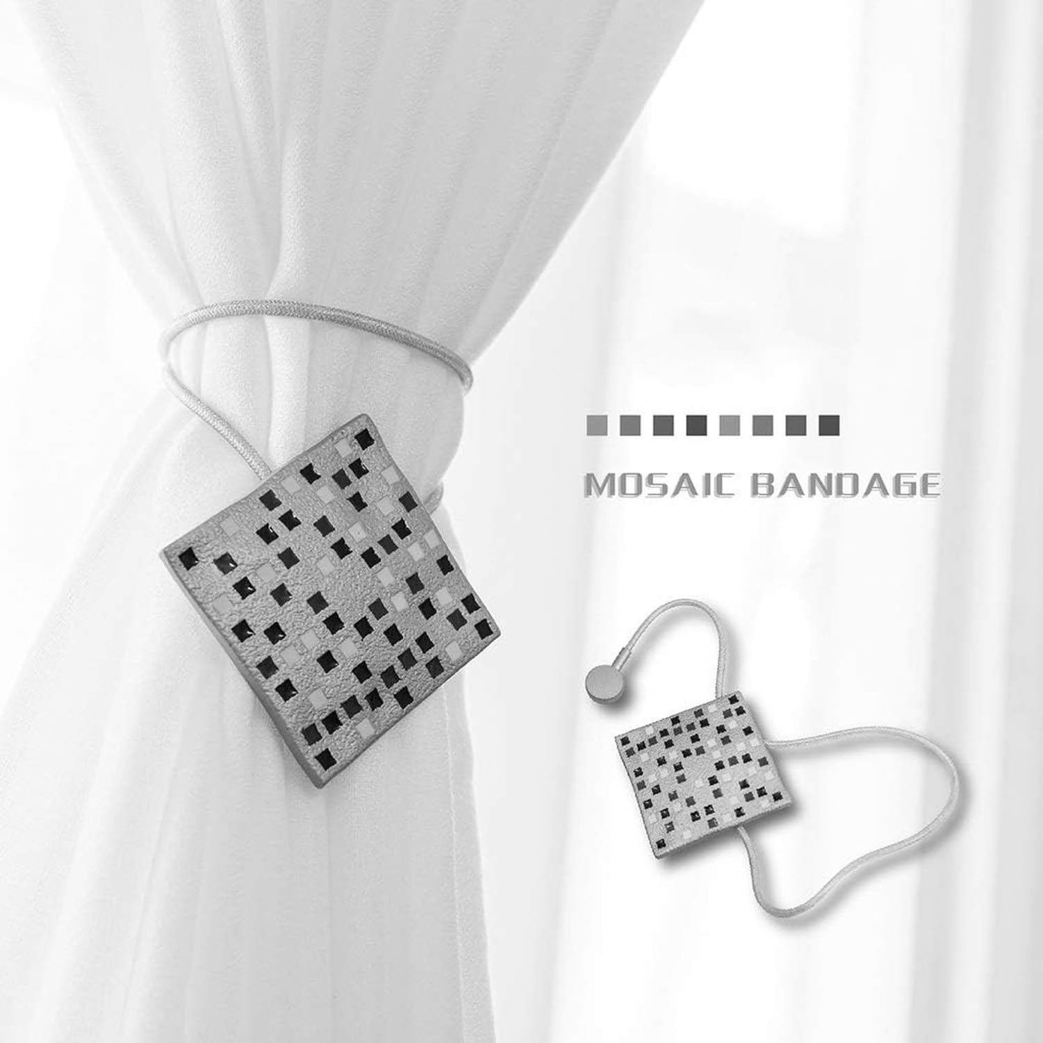 Fermacortina Magnetica a Scacchi per da Finestra, Reggitenda Laterale Senza Perforazione, Cinghia Adesiva per Tende, Accessorio Trasparente in Lega, N, Grey*2