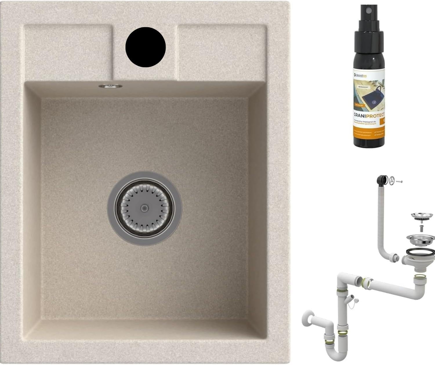 GRANITAN Lavello Cucina - Lavabo Cucina con Sifone Cromati + Impregnante 30 ml - Lavandino Cucina - Lavello Cucina 1 Vasca - Lavello 40x50 cm con Fori Preforati in Materiale Granito - Beige chiaro | Colino e impregnante, lavello con 1 lavello in granito c