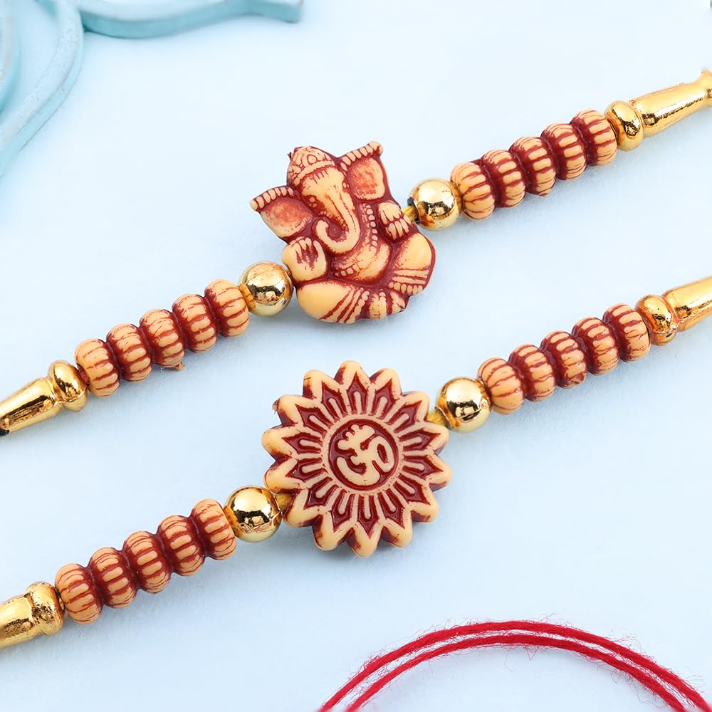 Floweraura Raksha Bandhan Celebrations Handcrafted Divine Set of 2 Lord Ganesha & Om Rakhi - Rakhi Set for Brother | Bhai | Kids | Boy | Cousins | Handmade Rakshabandhan Gift Set