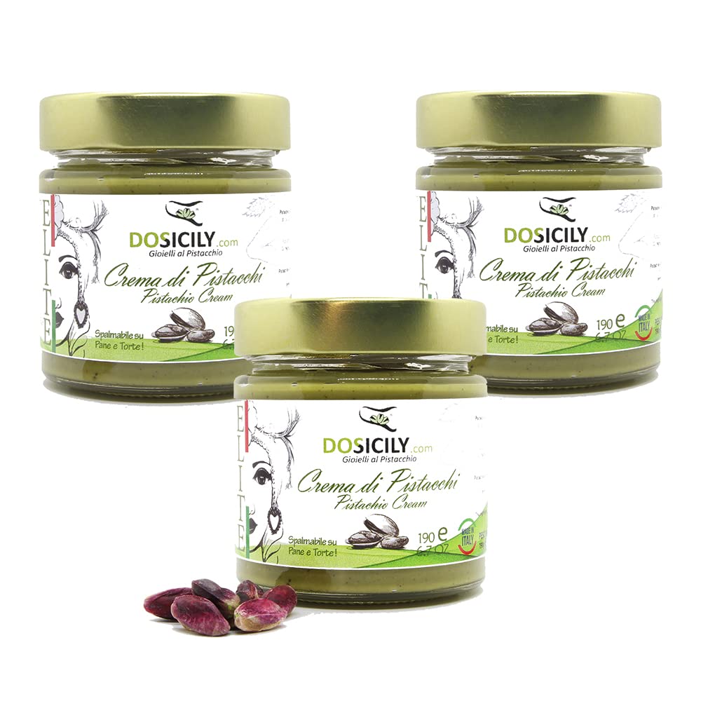 DOSICILY.COM - "Gioielli al pistacchio - Trio Of Pistachio Cream ELITE Sicilia Handwerklicher Aufstrich für Süßigkeiten und Rezepte mit Pistazien 3 x 190g