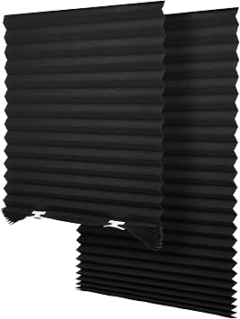 SEEYE Light Filtering Temporary Blinds Cordless Shades Fabric Pleated Fabric Shade Easy to Cut and Install, 36" W x 72" L - 2 Pack, Black, with 4 Clips