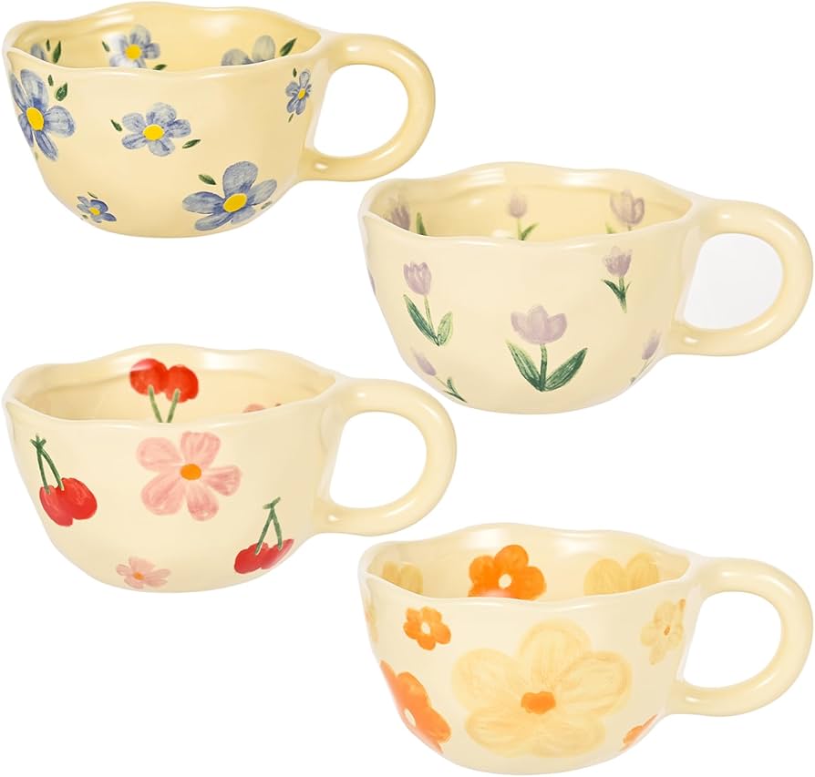 Ceramic Coffee Mug Set of 4 Vintage Flower Mugs 10 oz Cute Floral Coffee Mug Irregular Latte Art Cup Lead-free Porcelain Mug for Cappuccino, Cocoa - Microwave and Dishwasher Available